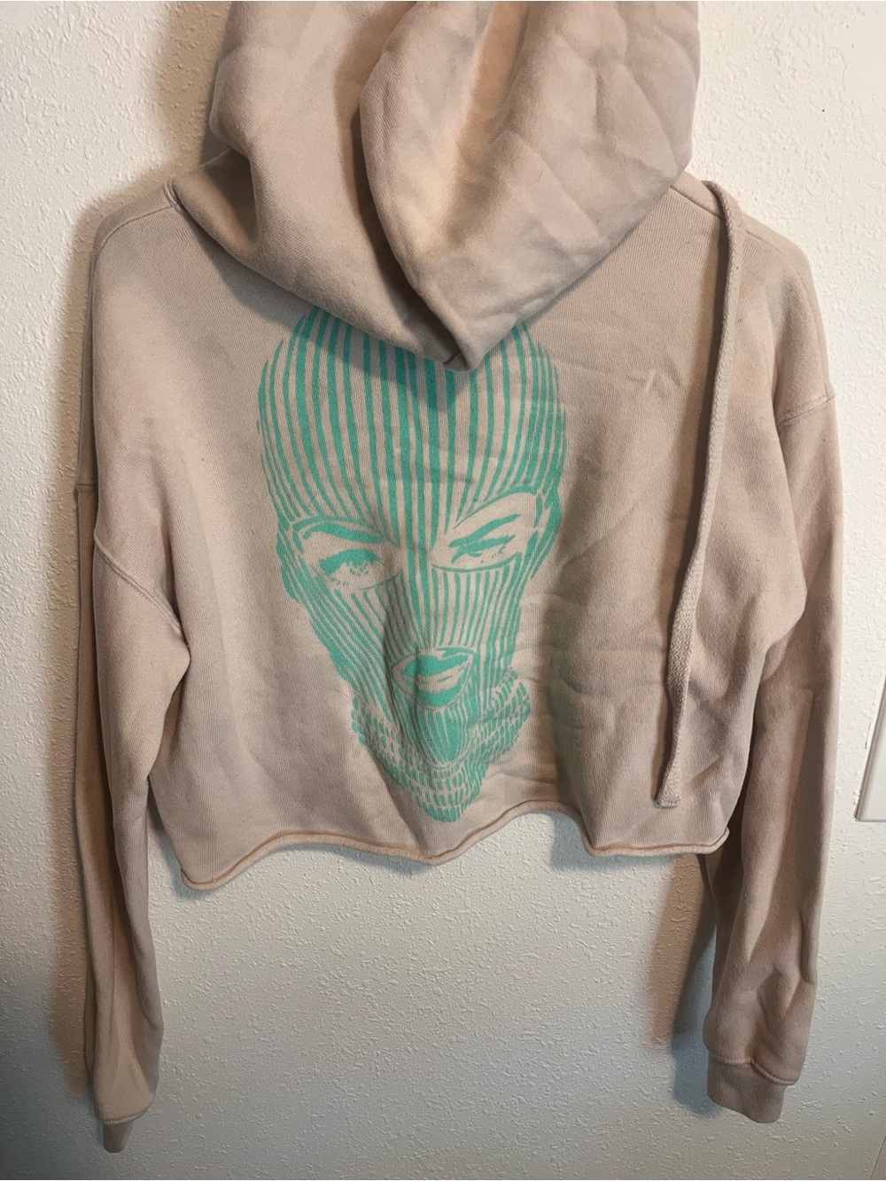 Beige Cropped Hoodie with Mint Graphic